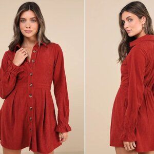 LULUS Autumn Mood Rust Red Corduroy Mini Dress With Pockets